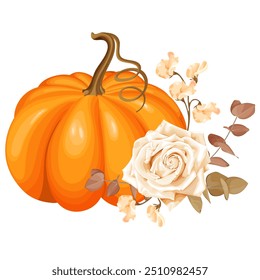 Vector illustration, an orange pumpkin combines with a white rose, beige flowers, and brown eucalyptus leaves to create a soft and elegant fall-themed composition.