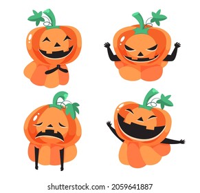 Vector illustration Orange pumpkin faces with different emotions in Halloween festival for graphic designer make Banners, webpage, flyer, brochure, card