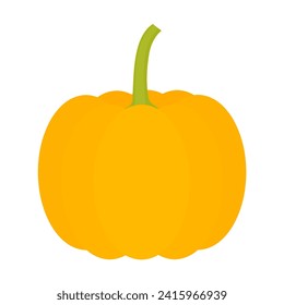 Vector illustration of orange pumpkin with green stem. Big pumpkin fruit isolated on white background.