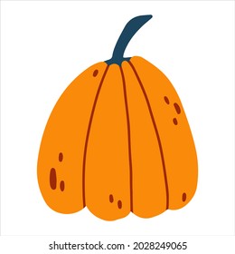 Vector illustration of Orange Pumpkin in hand drawn cartoon childish style. Fall healthy vegetable for baby apparel, textile and product design, wallpaper, wrapping paper, card, scrapbooking