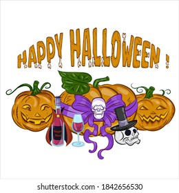Vector illustration. Orange pumpkin with a smile, a skull and a wine for your design for the Halloween holiday.