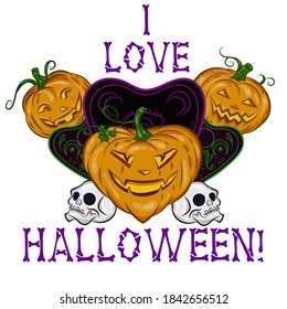 Vector illustration. Orange pumpkins with a smile, a skull and the inscription I love Halloween for your design for the Halloween holiday.