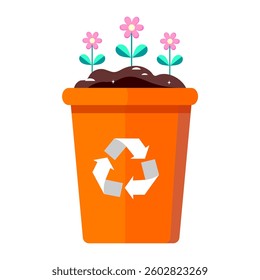 Vector illustration of an orange recycling bin with a recycle symbol, filled with soil and blooming flowers, symbolizing composting, waste management, and sustainability.