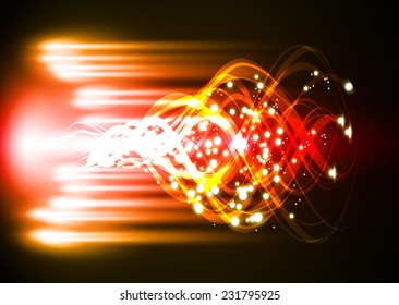 Vector illustration of orange red abstract background with blurred magic neon light curved lines. wave. Technology background for computer graphic website internet.