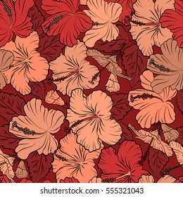 Vector illustration of orange and red hibiscus flowers. Seamless pattern with orange and red flowers. Vector illustration.