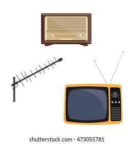 Vector illustration orange retro tv with antenna. Old radio receiver. Television antenna.