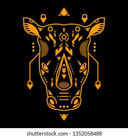 Vector Illustration. Orange Rhino Head in Black Background. Unique Lineart Style