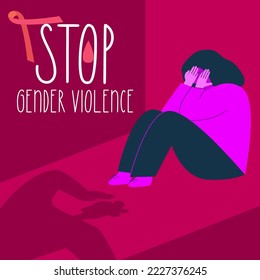 Vector illustration with orange ribbon STOP gender violence  and woman afraids of a shadow man. Gender based violence, NO GBV, female body is freedom. 