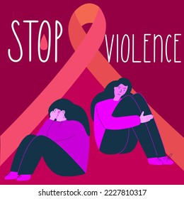 Ilustración vectorial con cinta naranja DETENER la violencia de género. Brazo de hermandad, cuerpo femenino es libertad. Violencia de género, NO por razón de género. 