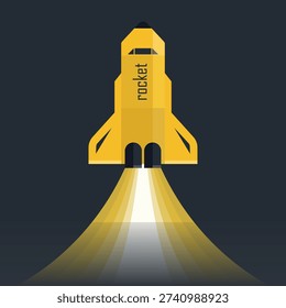 Vector illustration of an orange rocket launch with jet stream on a dark background, symbolizing rapid growth and development, for your design and business