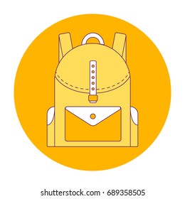 vector illustration orange round icon, school backpack, line art