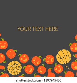 Vector illustration: orange scary carved pumpkin icons below isolated on black background. Decorative elements for Halloween party greeting cards, posters, postcards, wrapping paper, scrapbooking