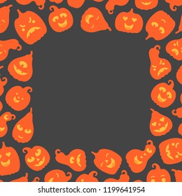 Vector illustration: orange scary carved pumpking icons on frame isolated on black background. Decorative element for Halloween party greeting cards, posters, postcards, wrapping paper, scrapbooking
