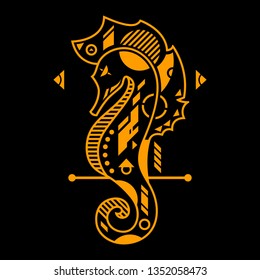 Vector Illustration. Orange Seahorse in Black Background. Unique Lineart Style