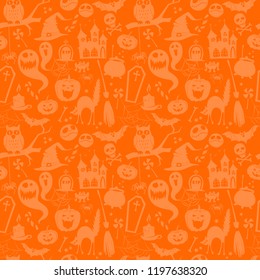 Vector illustration orange seamless background pattern halloween pumpkin, candy, ghost, spider, bat, witch hat, cat, broom, cauldron, owl, castle, house, scull, coffin, bones. Flat silhouette style