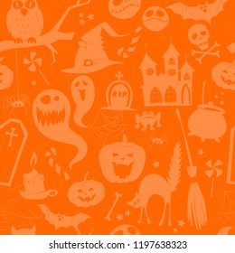 Vector illustration orange seamless background pattern halloween pumpkin, candy, ghost, spider, bat, witch hat, cat, broom, cauldron, owl, castle, house, scull, coffin, bones. Flat silhouette style