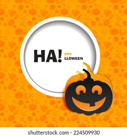 Vector illustration of orange seamless patterns for a happy Halloween party. Black smile pumpkin paper cut out from the background. Use brochures, printed materials, banner, greeting, card.