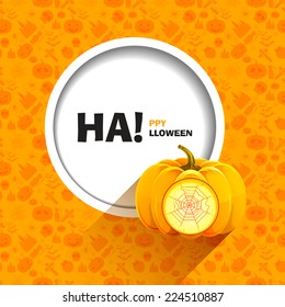 Vector illustration of orange seamless patterns happy Halloween party. Web carved on a pumpkin shining from inside. Use for brochures, printed materials, banner, greeting, card.