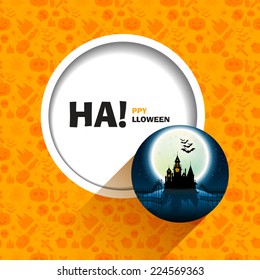 Vector illustration of orange seamless patterns happy Halloween party horror on top of the mountain. Gates open to the castle. Use for brochures, printed materials, banner, greeting, card