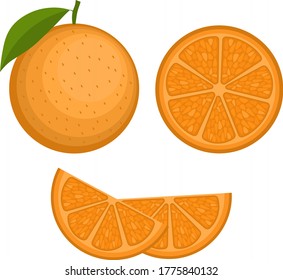 Ilustración vectorial de una naranja. Conjunto de frutas enteras, diferentes rodajas.