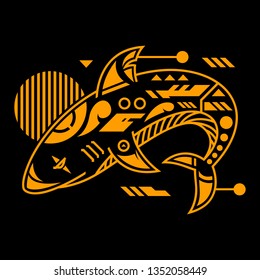 Vector Illustration. Orange Shark in Black Background. Unique Lineart Style