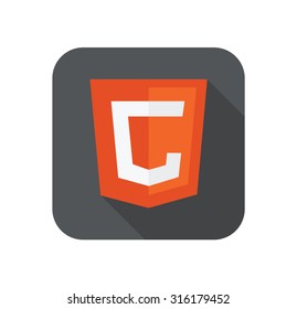 Vector illustration of orange shield with old html5 C letter for canvas, isolated web site development icon white background