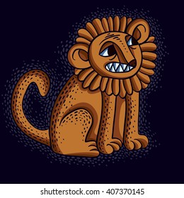 Vector illustration of orange sitting lion with teeth and beautiful mane, emotional expression of wild animal. Mascot symbol, graphic design.