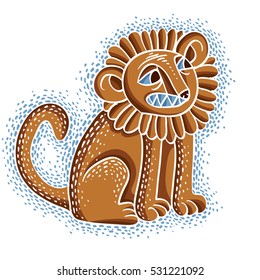 Vector illustration of orange sitting lion with teeth and beautiful mane, emotional expression of wild animal. Mascot symbol, graphic design.
