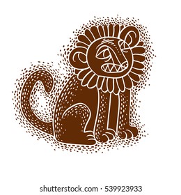 Vector illustration of orange sitting lion with teeth and beautiful mane, emotional expression of wild animal. Mascot symbol, graphic design.