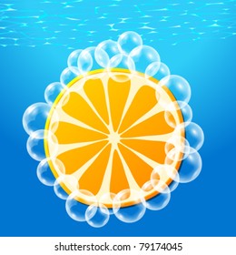 Vector illustration of orange slice with bubbles