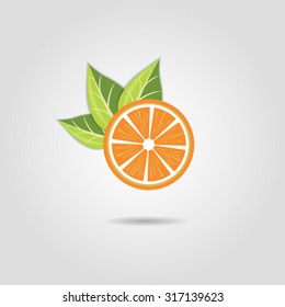 Vector illustration of an orange slice with three leaves behind it. Vector 10 eps file. 