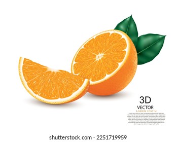 vector illustration orange slice,half of orange fruit,orange leaves design template.on the white background.use for tasty fresh fruits concept.
