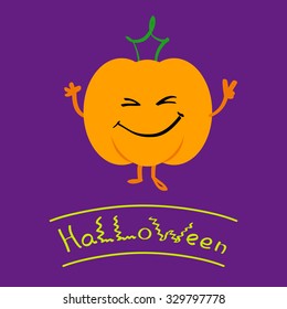 Vector illustration of orange smiling pumpkin with green leaf as a crown isolated on violet background for card, congratulation, invitation for Halloween and Thanksgiving Day.