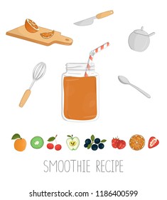 Vector illustration of orange smoothie in a glass jar with bending straw. Smoothie recipe set. Fresh organic vegetarian food isolated on white background