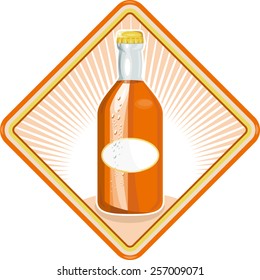 vector illustration of an orange soda bottle set inside diamond shape with sunburst in background done in retro style.