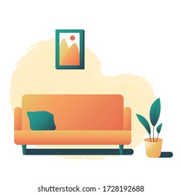Vector illustration with orange sofa, plant and painting.