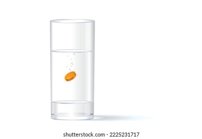 Ilustración vectorial de un comprimido soluble de color naranja en un vaso de agua, píldora vitamínica, píldora efervescente soluble en agua turbia, burbujas que se disuelven, en blanco, saludable con agua limpia, medicina para una cicatrización eficaz