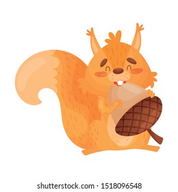 Vector Illustration Of Orange Squirrel Eating A Big Nut.