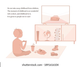 Vector illustration in orange style. Boy playing a video game. With text. Take care of children's childhood