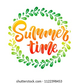 Vector illustration of orange summer time text for greeting card/print on t-shirt/invitation/poster/store/gift/banner template. Summer time lettering on white background with green leaves, round frame