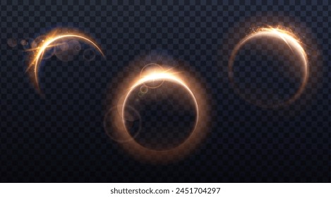 Vector illustration. Orange sun edge eclipse with rays and sun beamsparkles  on dark transparent background.