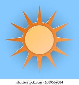 Vector illustration, orange sun in papercut style with transparent shadows isolated on blue background