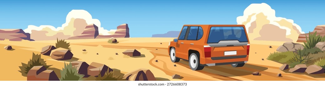 Ilustração vetorial de um SUV laranja dirigindo em uma estrada de terra arenosa através de uma paisagem desértica com formações rochosas sob um céu azul. Aventura off-road e conceito de viagem. para fundo de banner.