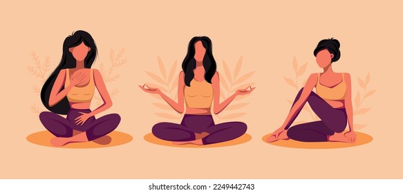 Vector illustration orange tanned purple palette yoga girls set is engaged in yoga and meditation in no face illustration