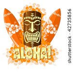 Vector illustration of orange tiki mask with surf boards, and hand drawn text Aloha