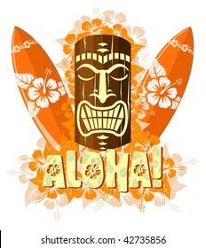 Vector illustration of orange tiki mask with surf boards, and hand drawn text Aloha
