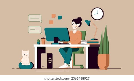 Ilustración vectorial en tonos anaranjados, turquesa y verde, que representa a una niña en la oficina, en su escritorio en el ordenador, ella está trabajando, los mensajes llegan al ordenador, un gato está sentado cerca