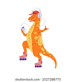 Una Ilustración vectorial de un tiranosaurio naranja disfrutando de la música de un reproductor de música y patinando. El diseño lindo representa un dinosaurio divertido sobre un fondo blanco.