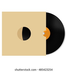 Ilustración vectorial de disco de vinilo naranja con cubierta de papel blanco. Funda de grabación con disco de vinilo