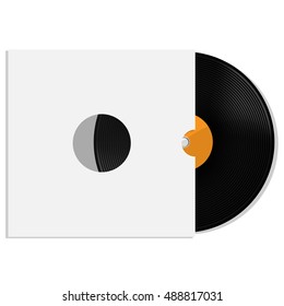 Vector illustration of orange vinyl record with white blank paper cover. Record sleeve with vinyl disc